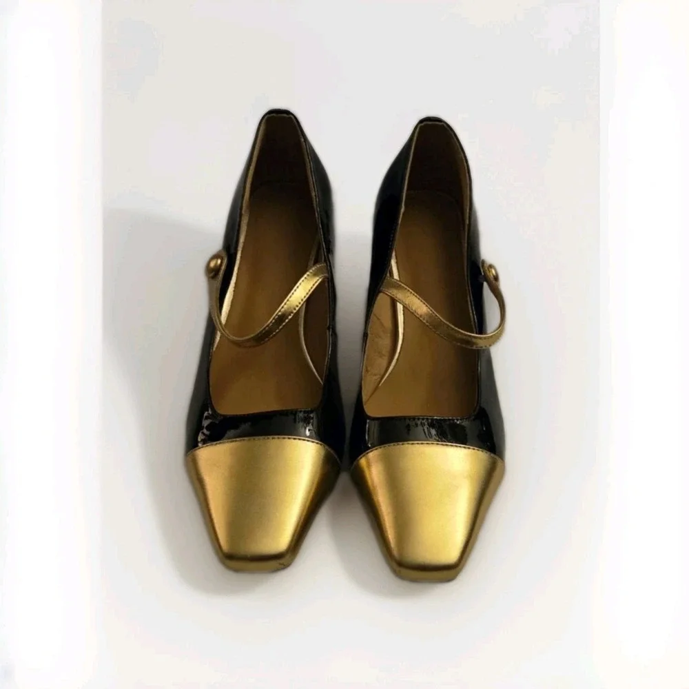 Handmade Vintage Mary Jane Heels Black Gold Cap Toe Patent Leather Size 9 /... - Picture 2 of 12